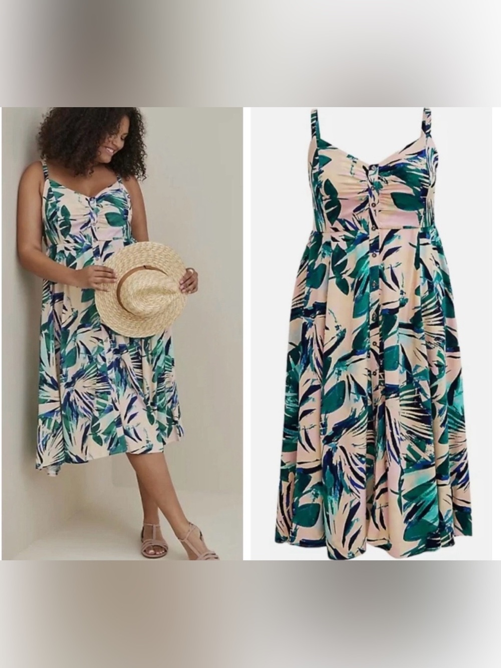 torrid Pink Tropical Midi Dress with Teal & Navy Leaves